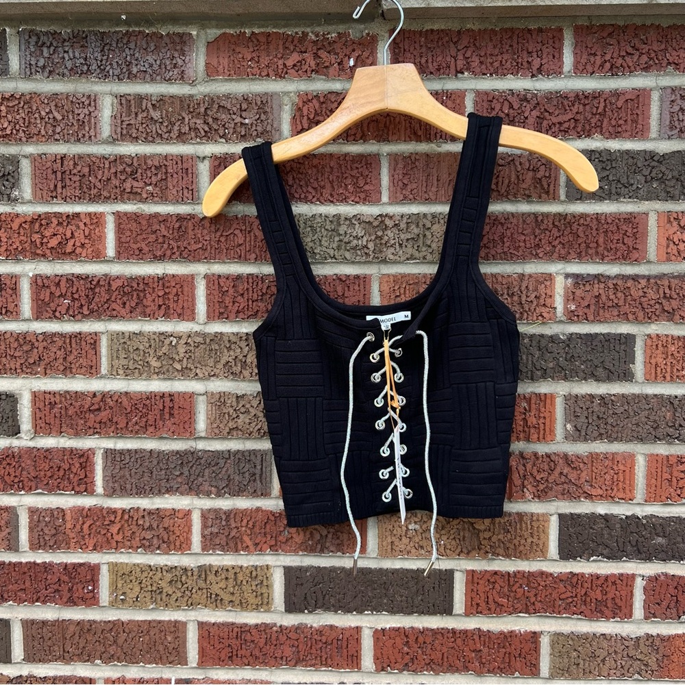 IMMODEL Black and Silver Rhinestone Lace Up Adjustable Scoop Neck Crop Top Tank